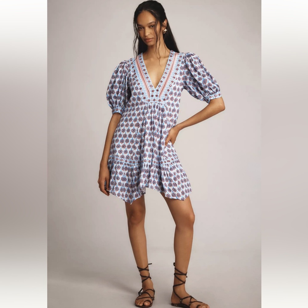 Anthropologie Maeve Puff Sleeve V Neck Medallion Lined Mini Dress Size Medium - Picture 5 of 14